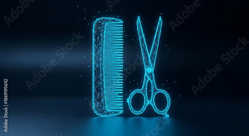 A digital illustration of a glowing blue comb and scissors on a dark background