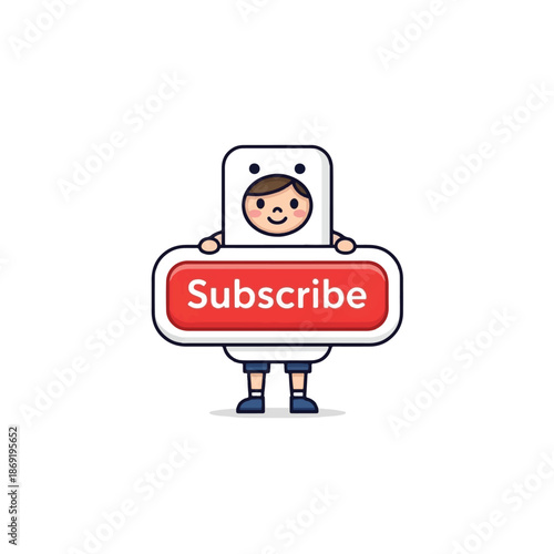 A cute cartoon character holding a red subscribe button, perfect for social media and video content.