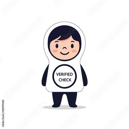 Cute cartoon character with a smiling face and a 'VERIFIED CHECK' badge on its chest, representing verification or security.