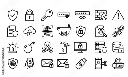 A comprehensive set of minimalist black outline vector icons representing cybersecurity and data protection concepts, including shields, locks, passwords, firewalls, and warnings.