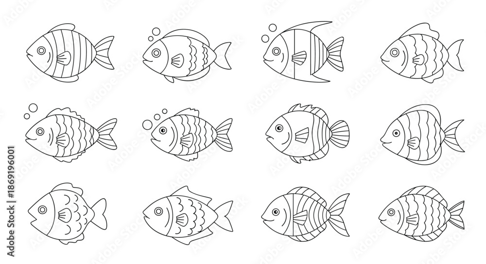 Obraz premium Collection of various fish species is shown in simple black and white line art outlines for aquatic and marine life illustrations.