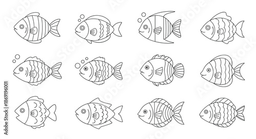 Collection of various fish species is shown in simple black and white line art outlines for aquatic and marine life illustrations.