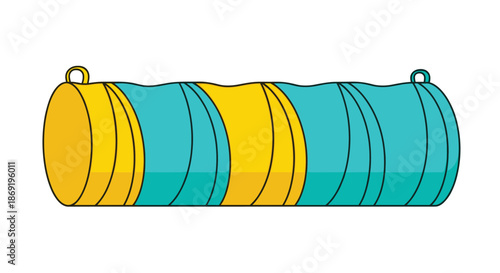 Cylindrical fabric bag in turquoise and yellow stripes features a zipper and side handles for gym or travel accessory concepts.