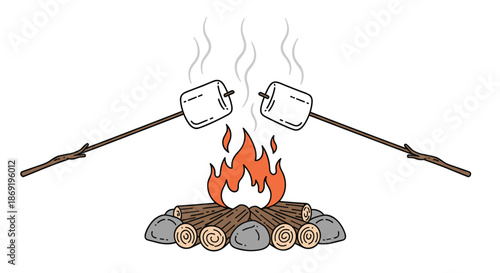 Two white marshmallows on wooden sticks are being roasted over a crackling campfire made of logs and stones for a camping treat.