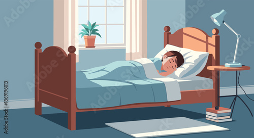 Small child sleeps peacefully in a cozy wooden bed under a blue blanket in a bright bedroom during a quiet afternoon nap time.