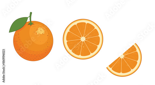 Fresh orange fruit whole, in half, and as a single slice are illustrated for juice and healthy eating related design projects.