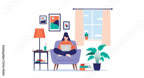 Young woman works on a laptop while sitting in a purple armchair in a bright room with books, plants, and colorful wall art.