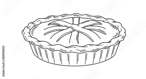 Traditional baked pie in a ceramic dish with a latticed crust top is illustrated in a simple line art style for food and cooking.