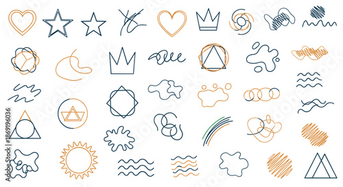 Large array of hand drawn symbols like hearts, stars, and abstract scribbles are shown for creative and artistic design elements.