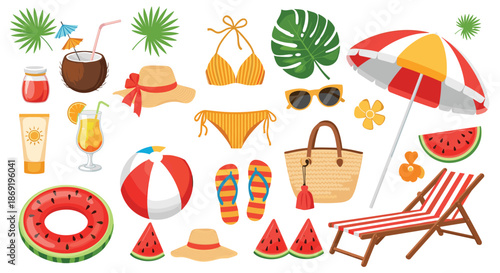 Comprehensive set of summer beach items including an umbrella, swimwear, fruits, and accessories is shown for vacation themes.