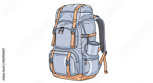 Large blue hiking backpack with numerous straps, pockets, and a metal mug attached is shown for outdoor adventure and trekking.