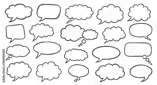Various shapes of speech and thought bubbles with hand drawn outlines are presented for comic, manga, and communication designs.