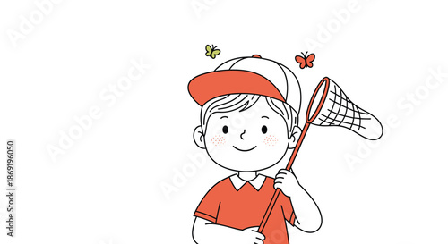 Smiling young boy in a red shirt and cap holds a butterfly net while two small butterflies flutter around his head outdoors.