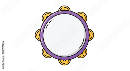 Bright purple tambourine with gold colored cymbals around its rim is depicted in a fun and colorful style for musical concepts.