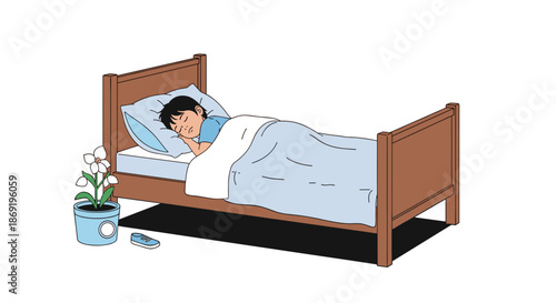Little boy sleeps soundly in a wooden bed next to a potted plant and a single shoe on the floor in a simple room setting.