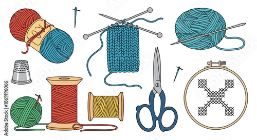Array of knitting and sewing tools like yarn, needles, scissors, and embroidery hoops are shown for handicraft and hobby themes.
