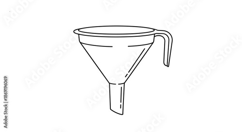 Outline drawing of a kitchen or laboratory funnel with a handle isolated on a white background for utility concepts.
