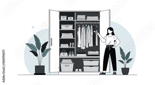 Young woman stands next to a large open wardrobe filled with neatly organized clothes, shoes, and accessories in a modern room.