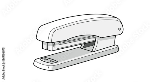 Simple black and white line drawing of an office stapler on a plain white background for school and business concepts.