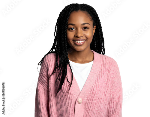 Portrait of a smiling African American girl in a pink cardigan, isolated on a transparent background.