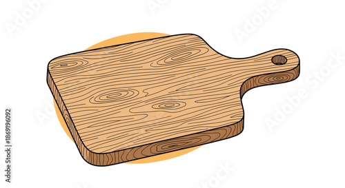 Detailed illustration of a wooden cutting board with visible wood grain pattern used in kitchen and culinary contexts.