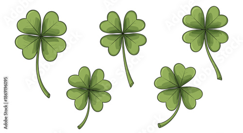 Collection of several green four leaf clovers in different orientations symbolizing luck and Saint Patrick's Day themes.