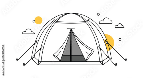 Simple line art drawing of a large dome camping tent stands under a sunny sky with clouds for outdoor recreation and adventure.
