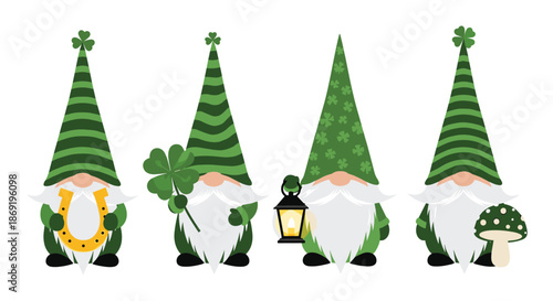 Set of four cute garden gnomes dressed in green and white outfits holding a horseshoe, clover, lantern, and mushroom for luck.