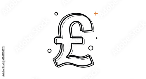 Stylized line art icon of the British pound sterling currency symbol with small decorative geometric elements around it.