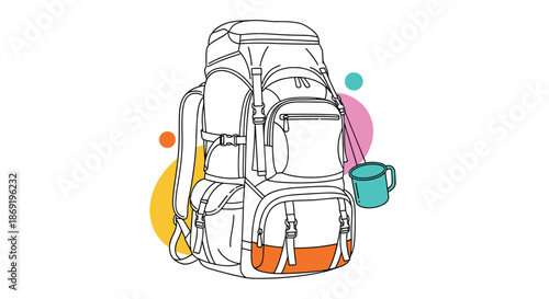 Large hiking backpack for travel and outdoor exploration with attached mug and colorful background shapes.