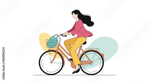 Young woman with long dark hair riding a bicycle with a basket and bag against a minimalist background.