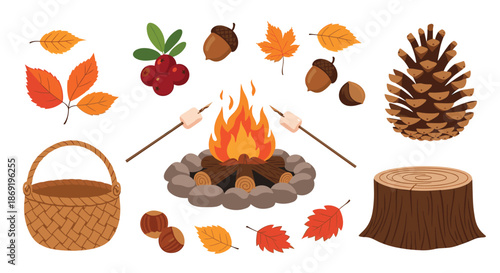 Set of autumn and camping themed elements including a bonfire, marshmallows, leaves, acorns, and a pinecone.