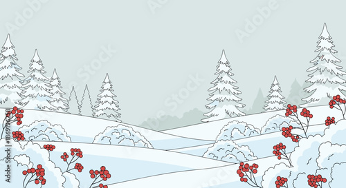Serene winter landscape featuring snow-covered hills, pine trees, and bushes with red berries under a soft gray sky.