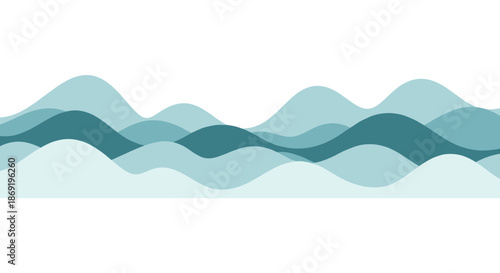 Abstract ocean waves represented by layered horizontal blue and teal curved shapes on a white background.