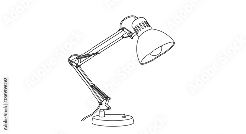 Classic adjustable metal desk lamp with a base and shade in a black and white line drawing style.