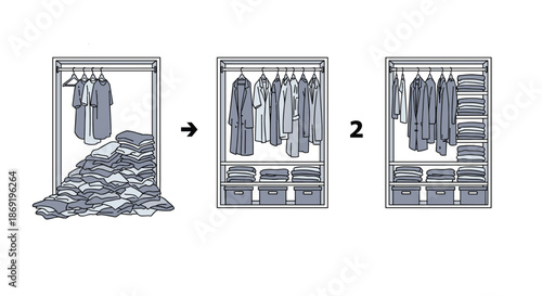 Step-by-step process of organizing a messy closet full of clothes into a neat and tidy space with storage boxes.