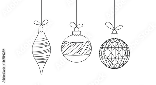 Three different styles of Christmas bauble ornaments hanging from strings in a simple black and white line art.