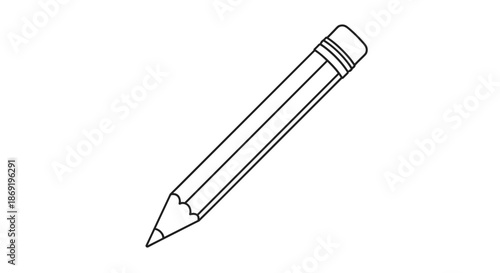 Simple wooden pencil with an eraser tip shown at a diagonal angle in a clean black and white outline style.