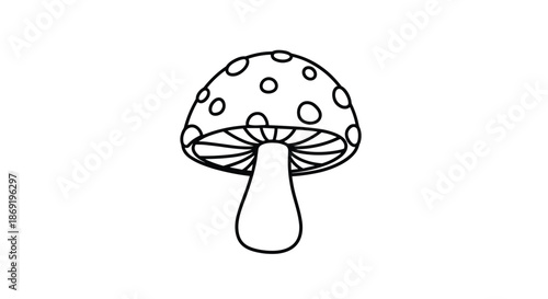 Mushroom outline drawing with spots on the cap stands vertically against a clean white background for coloring or design projects.