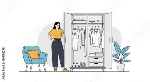 Smiling woman in yellow shirt stands before an open wardrobe filled with clothes and shoes in a clean interior room setting.