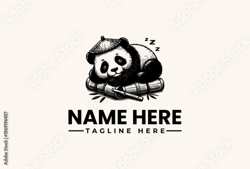 A black and white illustration of a sleeping panda wearing a hat on a rolled-up document with a tagline and name placeholder in a simple, flat design with a clean white background.