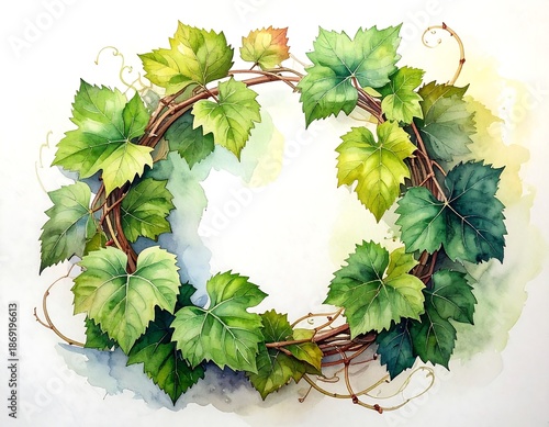 Watercolor wreath of grape leaves and vines