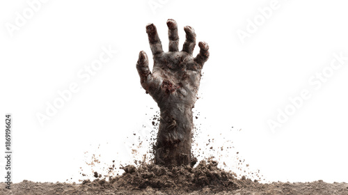 Zombie hand emerging from grave soil, rising from dead, reaching up for life, undead horror halloween concept on transparent background