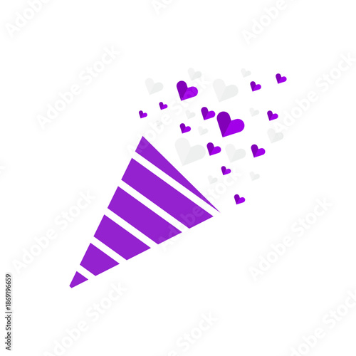 Purple party popper icon with exploding white and purple paper hearts isolated on transparent background for celebration, birthday, and wedding design