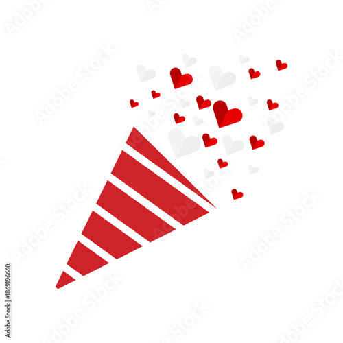 red party popper icon with exploding white and red paper hearts isolated on transparent background for celebration, birthday, and wedding design