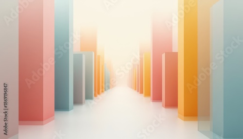 Abstract Geometric Cityscape with Pastel Colored Tall Rectangular Structures Receding into a Bright Hazy Horizon with Soft Light and Clean White