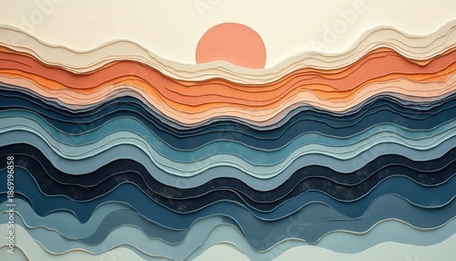 Abstract layered paper cut landscape with warm sunset sky and cool ocean waves in shades of blue and orange with a pink sun disc overhead