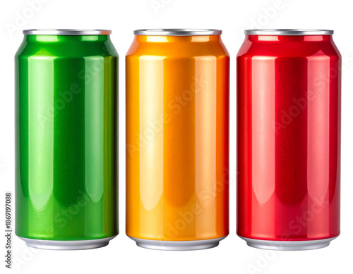 Three Colorful Aluminum Beverage Cans Standing Upright in a Row, Front View, Isolated
