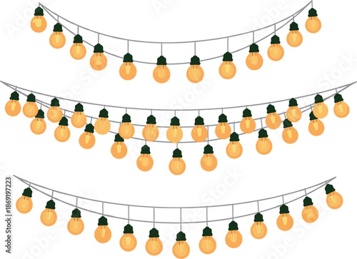 Warm glowing string lights garlands vector illustration with hanging bulb rows isolated on white background for festive outdoor decoration design
