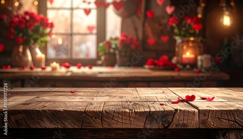 Cozy rustic wooden table with enchanting Valentine's Day decor and ambient lighting, perfect for romantic product display
